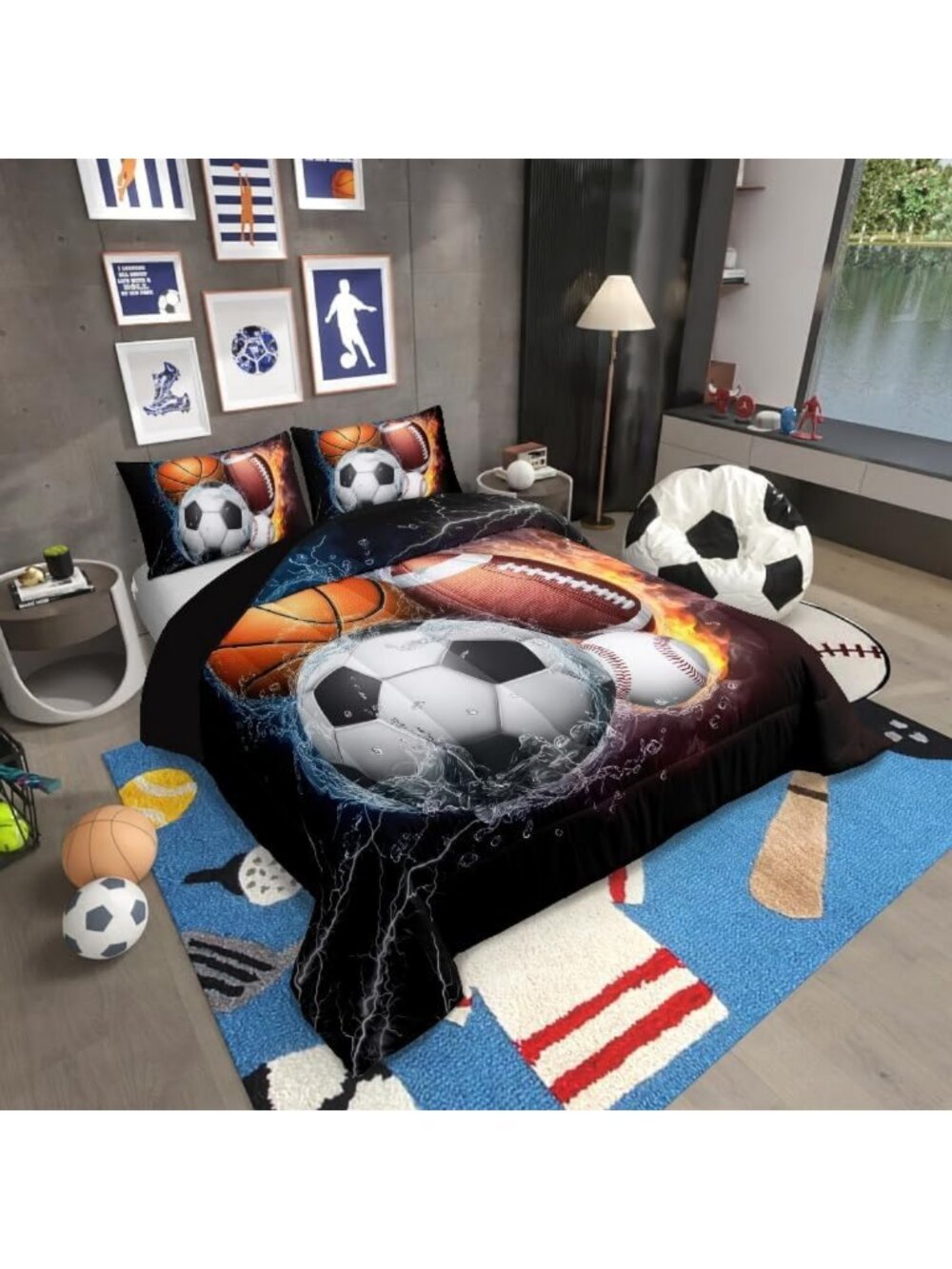 King Basketball & Soccer Bedding Set | Sports Comforter for Kids & Teens Room